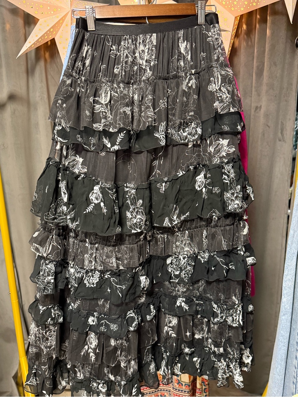 NWOT Anthropologie Tiered Ruffled Petticoat Maxi Skirt- Black Celestial Print - Picture 6 of 7